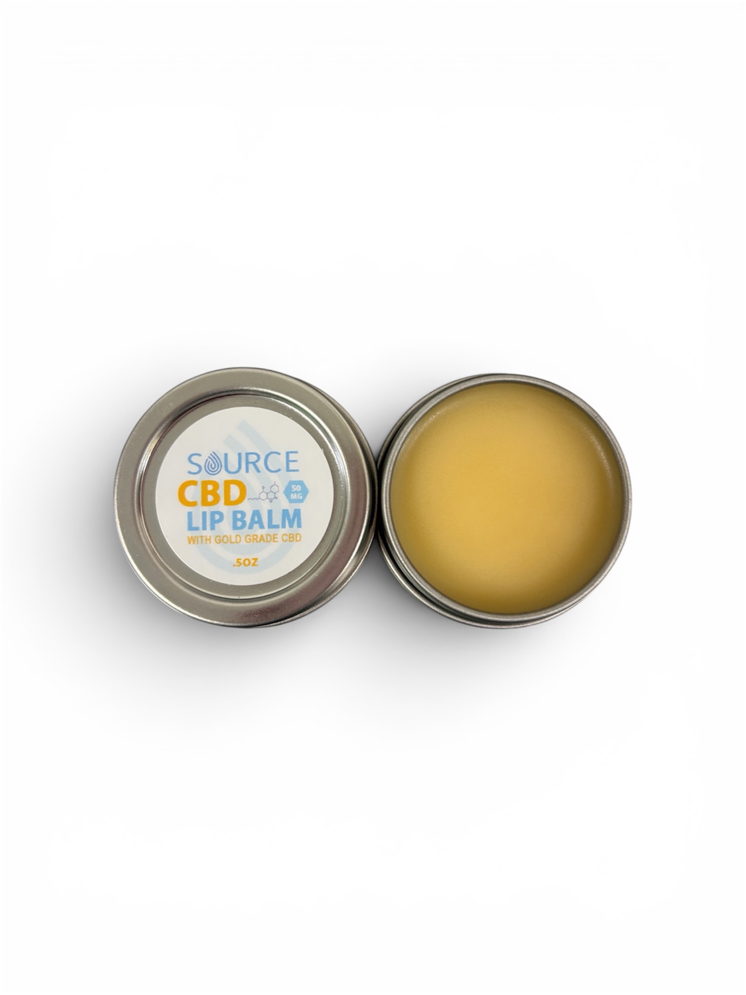 50 mg CBD Lip Balm in a metal tin with lid beside the balm.