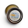 Open 50 mg CBD Lip Balm tin showing the balm and matching metal lid.