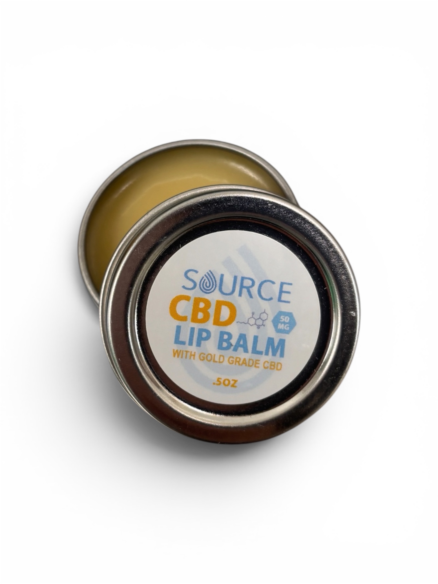 Open 50 mg CBD Lip Balm tin showing the balm and matching metal lid.