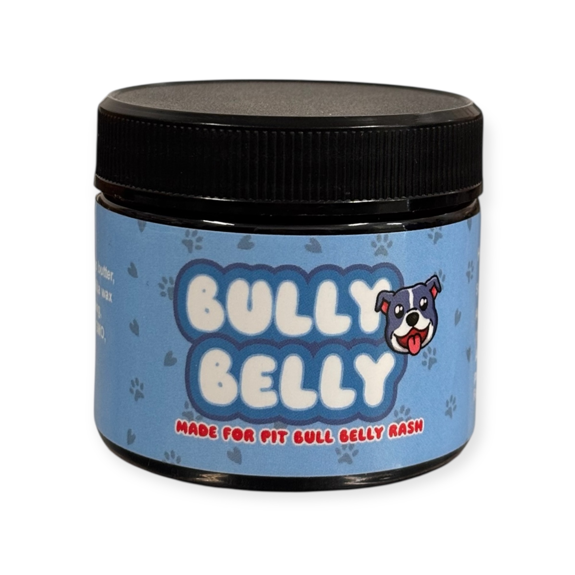 Bully Belly soothing balm for pitbull belly rash and dry skin by Source CBD displayed in a natural setting with ingredients focused on skin and paw support for bully breeds.