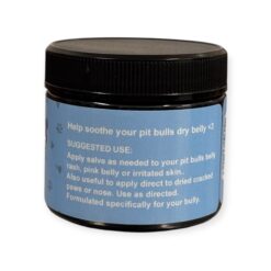 Close-up of the 2 oz Bully Belly balm jar showing the suggested use instructions for soothing pitbull belly rash, dry skin, paws, and nose.