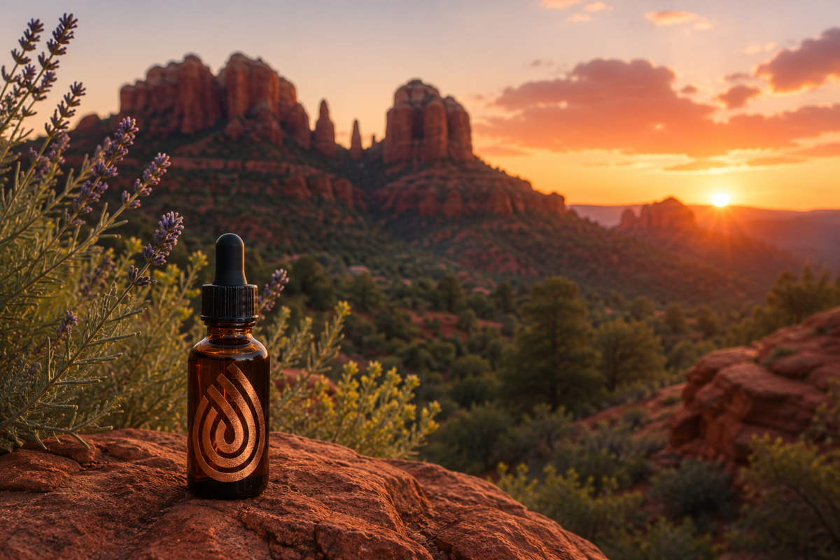 Source CBD Radiance Face Serum handcrafted in Sedona, Arizona with red rock landscape in the background