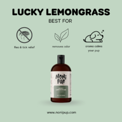 Nonipup Lucky Lemongrass dog shampoo bottle with flea and tick relief, odor removal, and calming aromatherapy benefits