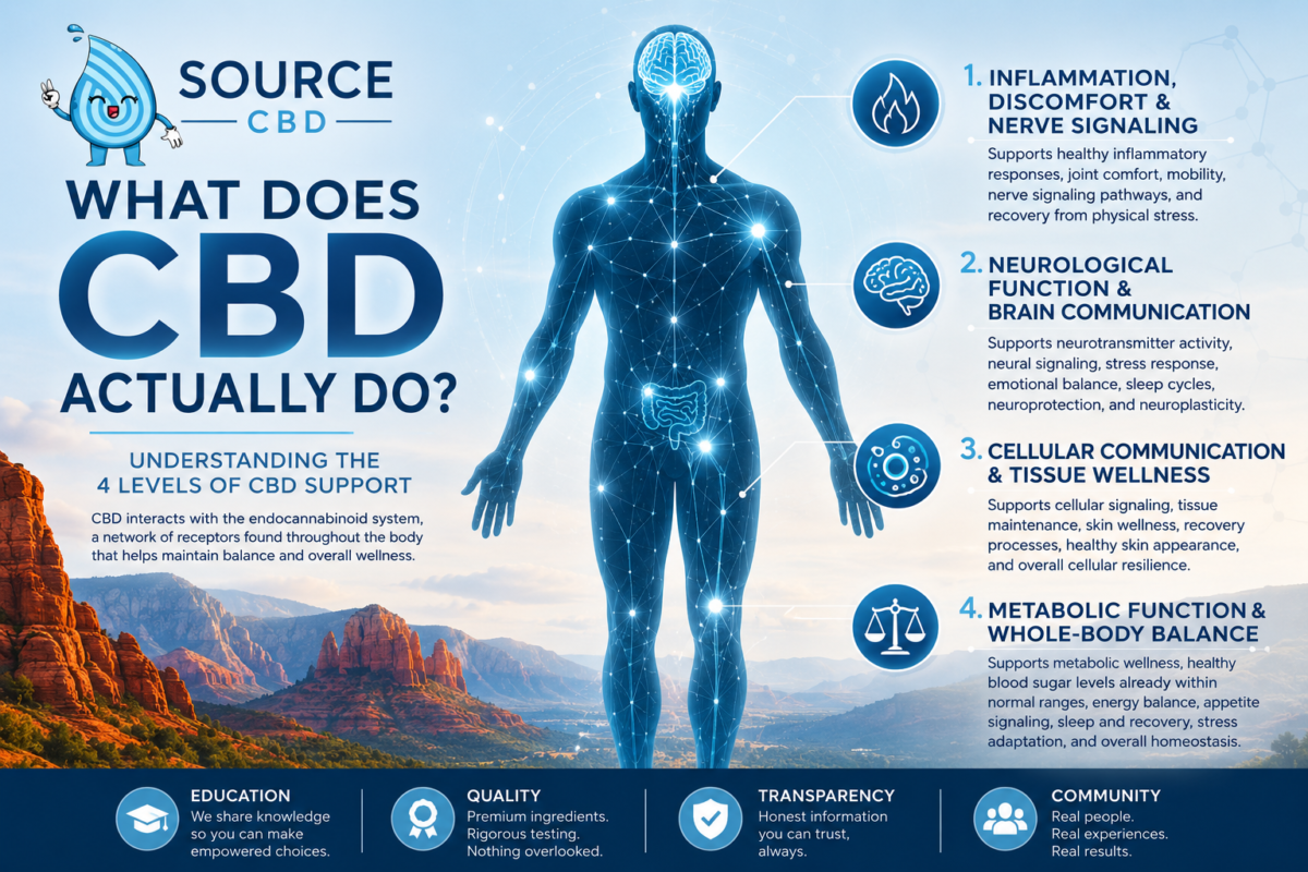 Illustration of the endocannabinoid system showing four levels of CBD support including inflammation and recovery, neurological function, cellular communication, and whole-body balance with a Sedona landscape background.
