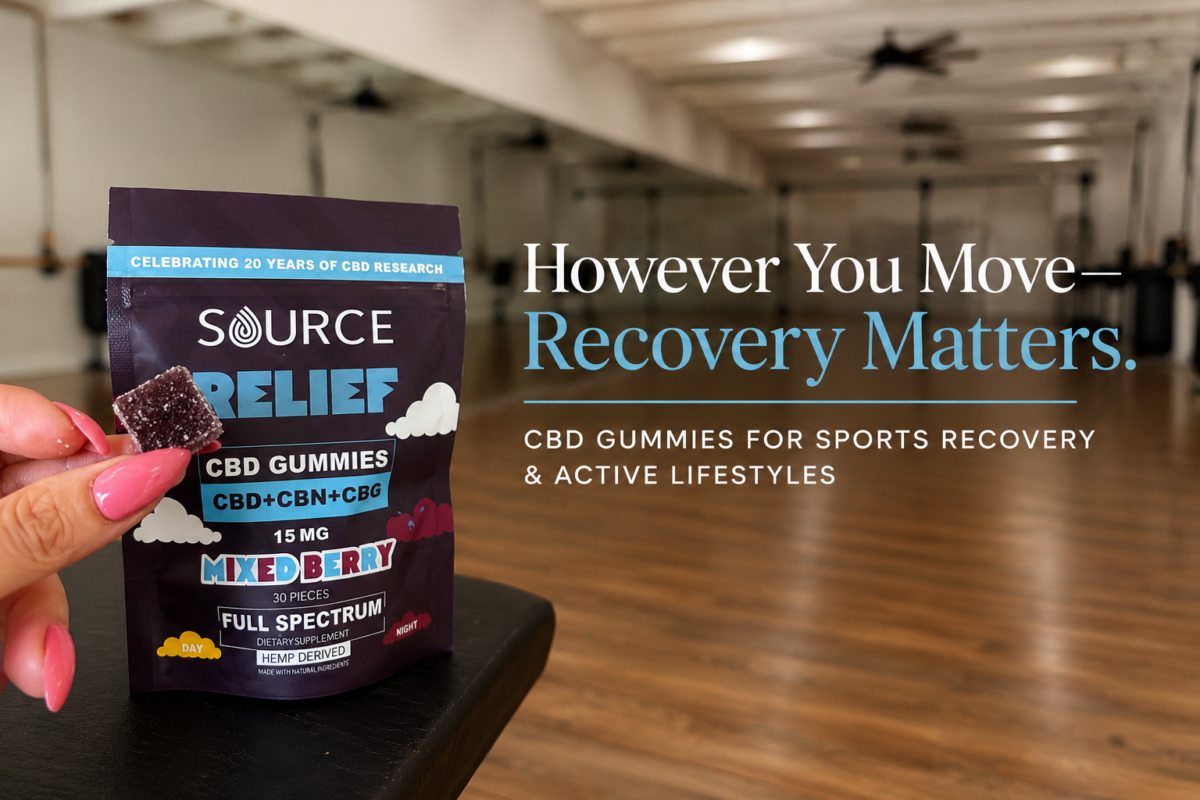 Source CBD gummies for sports recovery in an active fitness studio with the message “However You Move, Recovery Matters”