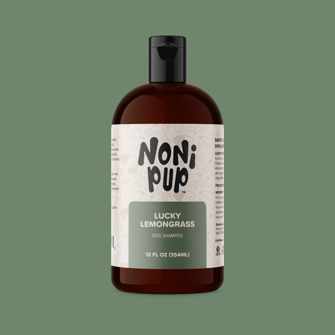 Nonipup Lucky Lemongrass dog shampoo bottle for clean, fresh coats and outdoor support