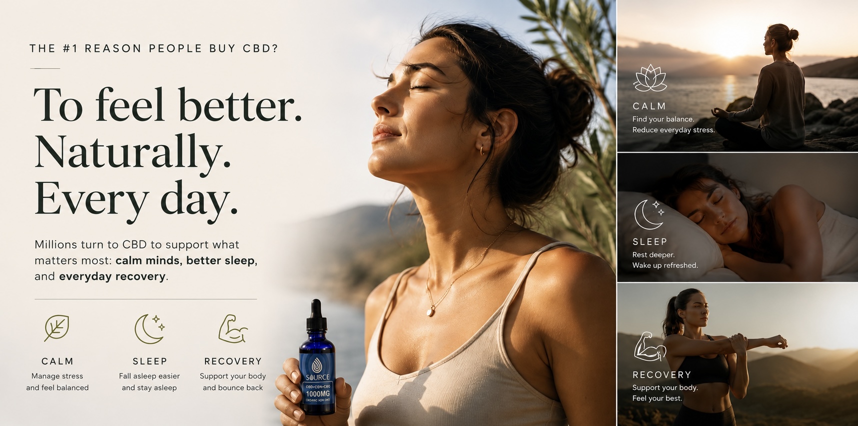 Woman holding Source CBD tincture outdoors promoting calm, sleep, and everyday recovery with CBD wellness support.