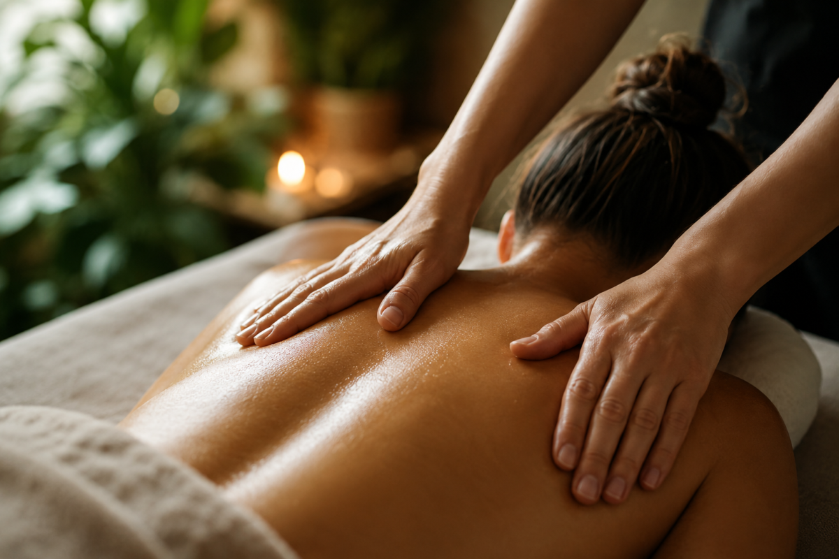 Massage therapist performing a relaxing shoulder massage to support muscle recovery and relaxation.