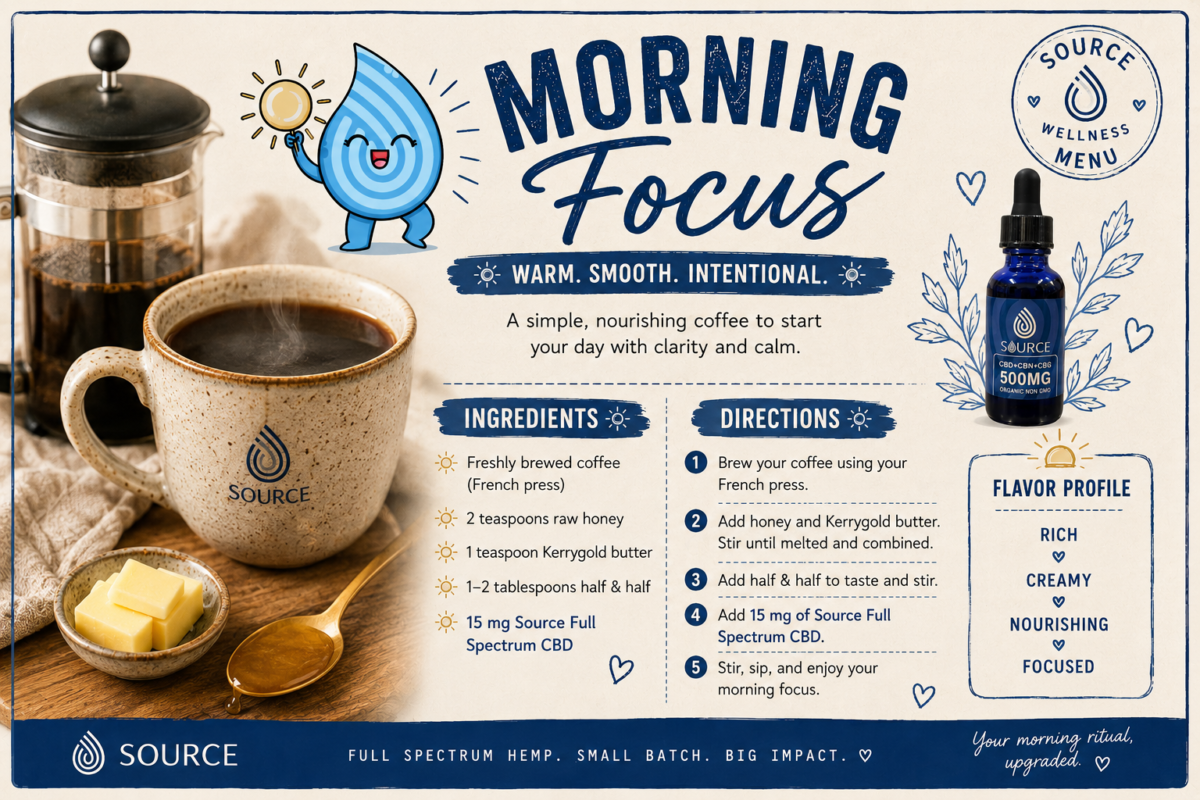 Morning Focus French Press Coffee recipe made with honey, Kerrygold butter, half & half, and 15 mg of Source Full Spectrum CBD.