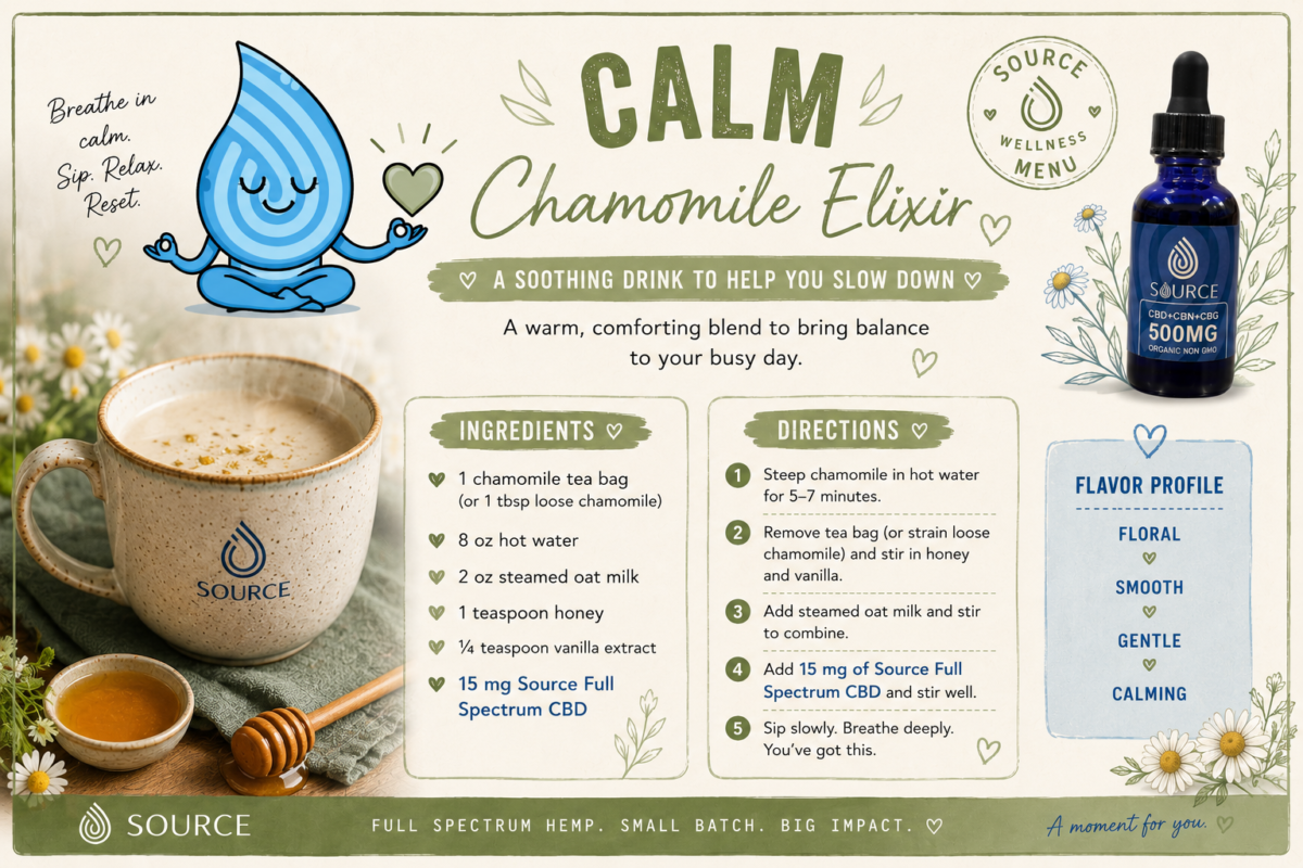 Calm Chamomile Vanilla Elixir recipe made with chamomile tea, oat milk, honey, vanilla, and 15 mg of Source Full Spectrum CBD