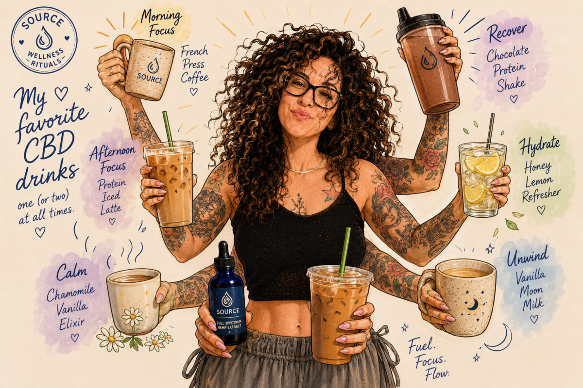 Cartoon illustration of Chance, co-owner of Source CBD, holding her favorite CBD drinks including coffee, protein iced latte, recovery shake, refresher, moon milk, and chamomile elixir.