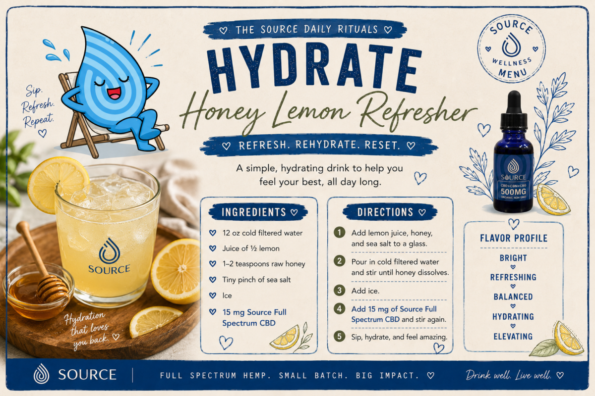 Hydrate Honey Lemon Refresher recipe made with fresh lemon juice, honey, sea salt, filtered water, ice, and 15 mg of Source Full Spectrum CBD.