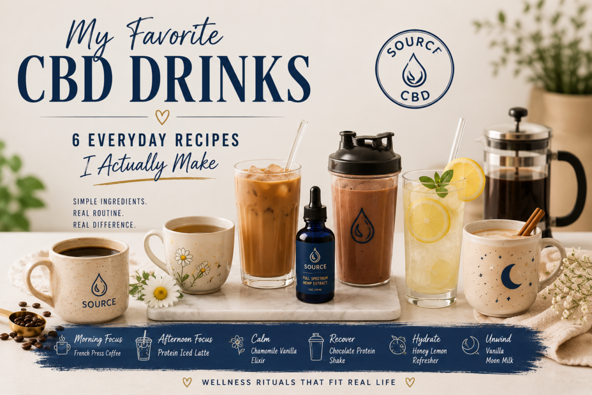 Featured image showing six everyday CBD drinks including French press coffee, protein iced latte, chocolate protein shake, honey lemon refresher, chamomile vanilla elixir, and vanilla moon milk with Source Full Spectrum