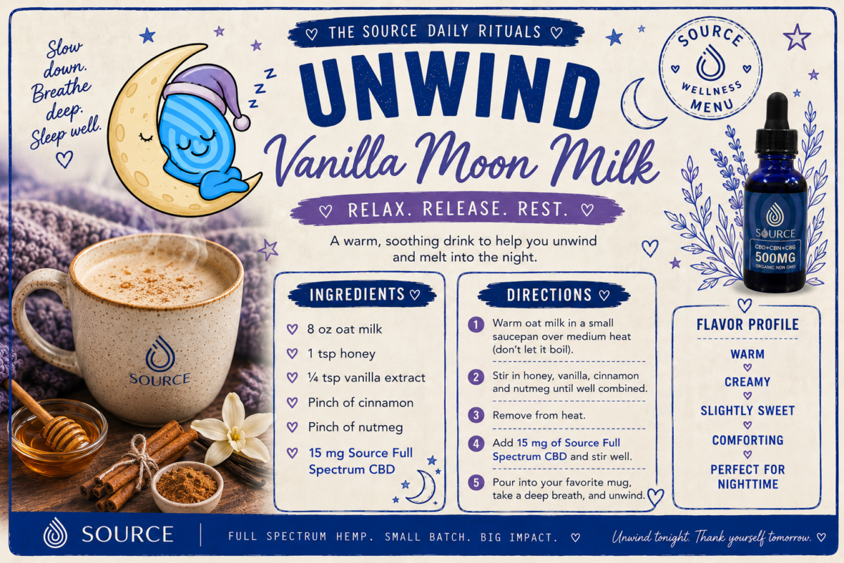nwind Vanilla Moon Milk recipe made with oat milk, honey, vanilla, cinnamon, nutmeg, and 15 mg of Source Full Spectrum CBD.