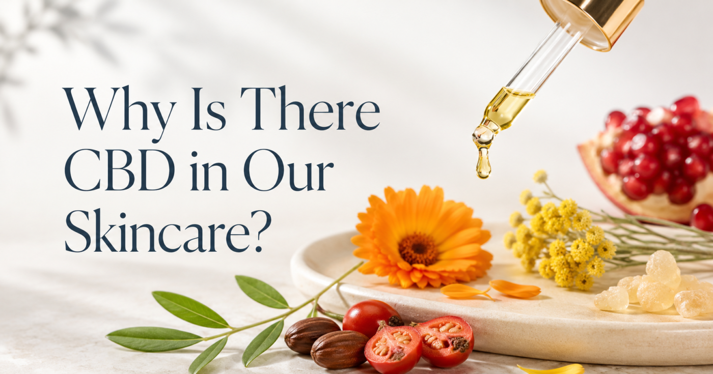 Botanical skincare ingredients with a dropper of golden oil for a blog about why Source uses CBD in skincare.