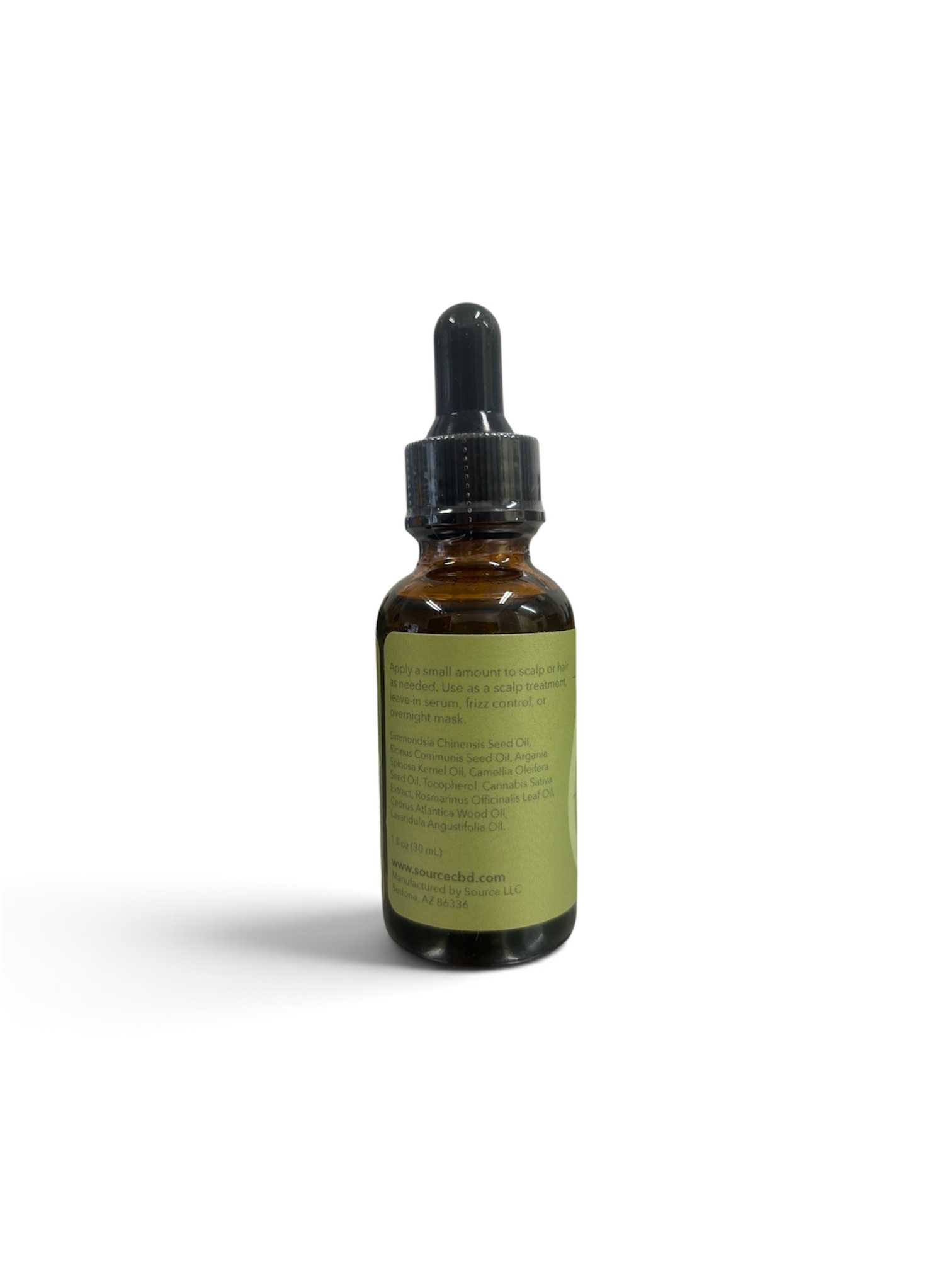 Source CBD Replenish Hair Serum bottle showing directions for use