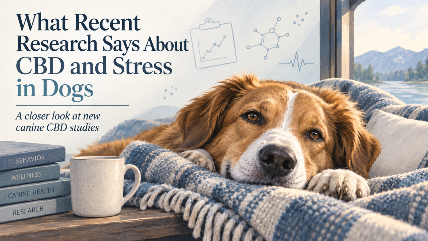 Calm dog resting beside research books with text reading “What Recent Research Says About CBD and Stress in Dogs”