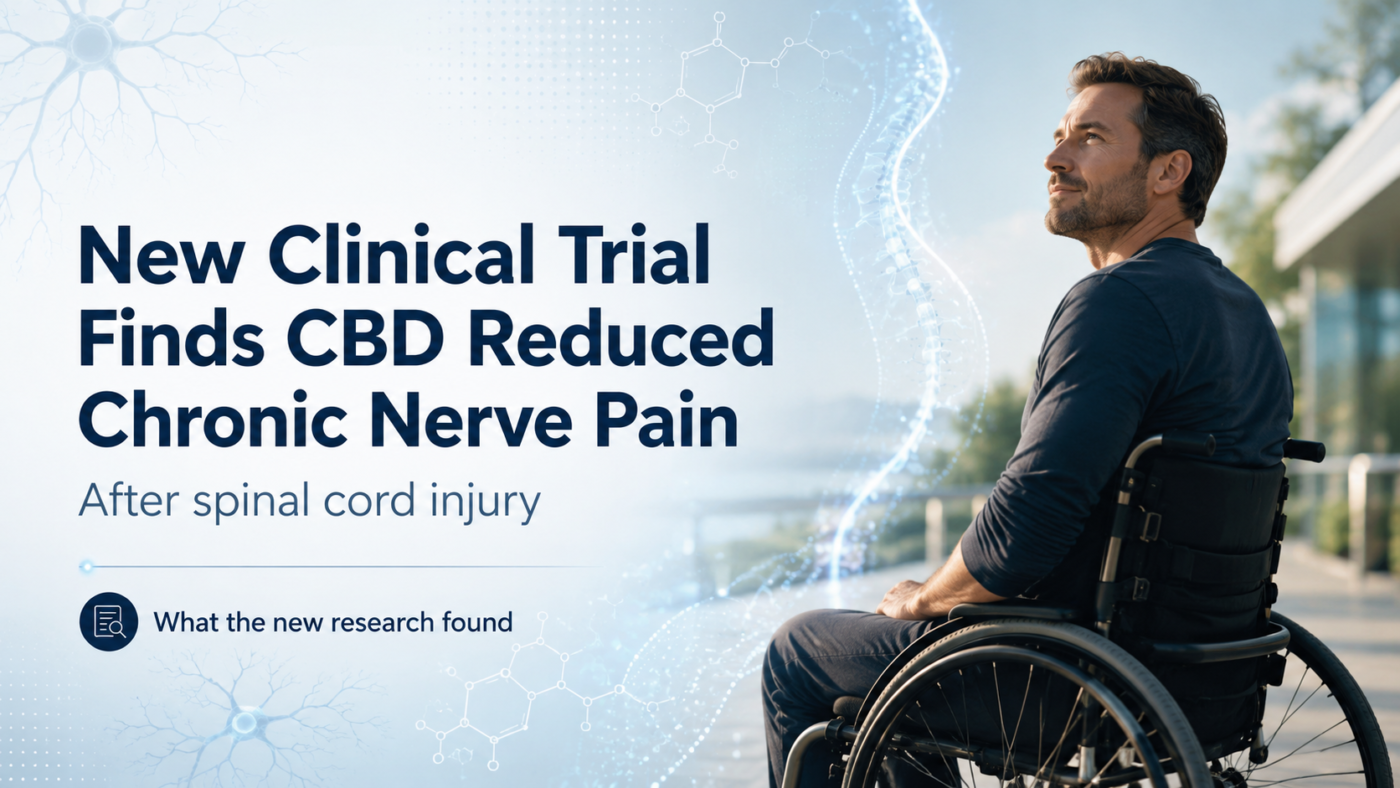 Man in a wheelchair with scientific nerve and spine graphics representing a clinical trial on CBD for chronic nerve pain after spinal cord injury.