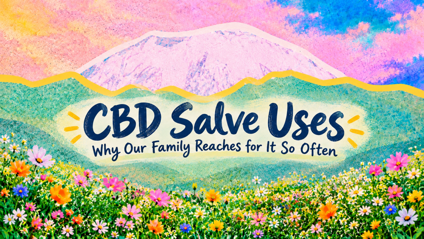 Illustrated wildflower landscape with the title “CBD Salve Uses: Why Our Family Reaches for It So Often.”