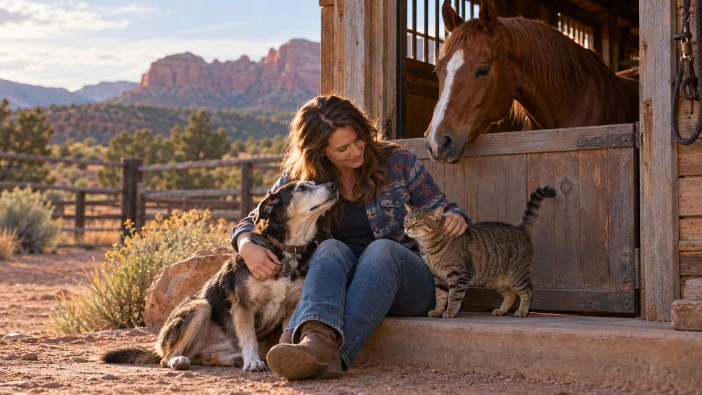 Woman sitting with her dog and cat beside a horse’s stall at sunset