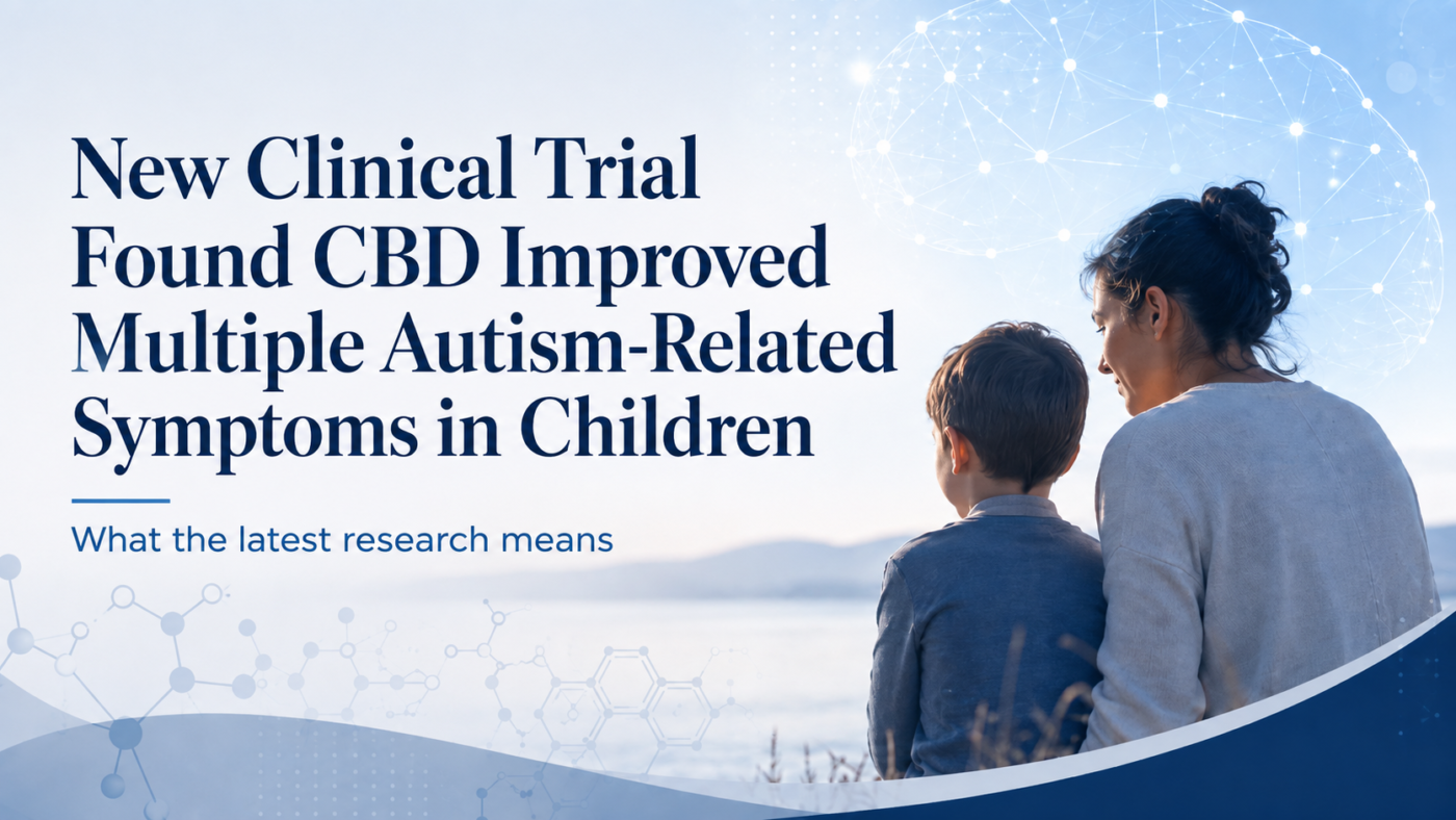 Mother and child beside a lake with scientific graphics, representing new clinical research on CBD and autism symptoms in children.