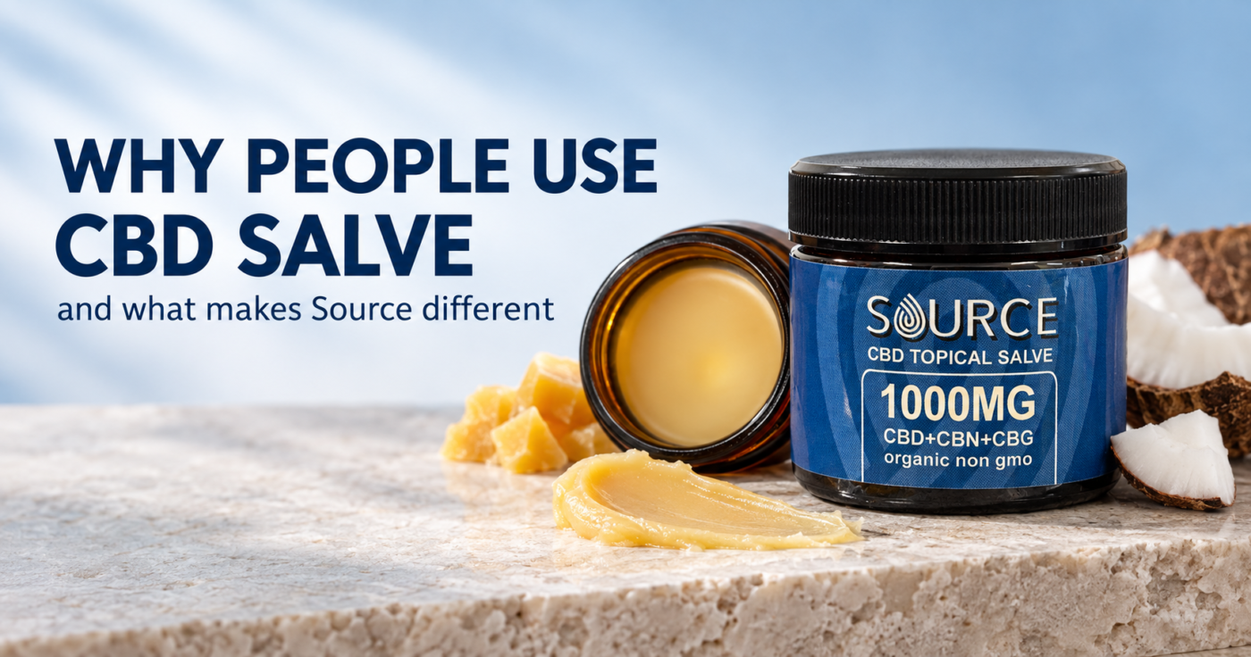 Source 1000mg CBD Topical Salve with coconut, beeswax and an open jar showing the salve.