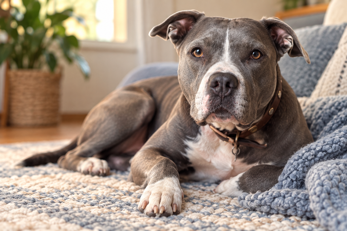 Blue nose pit bull resting with her paw forward for an article about CBD salve for itchy paws and irritated skin