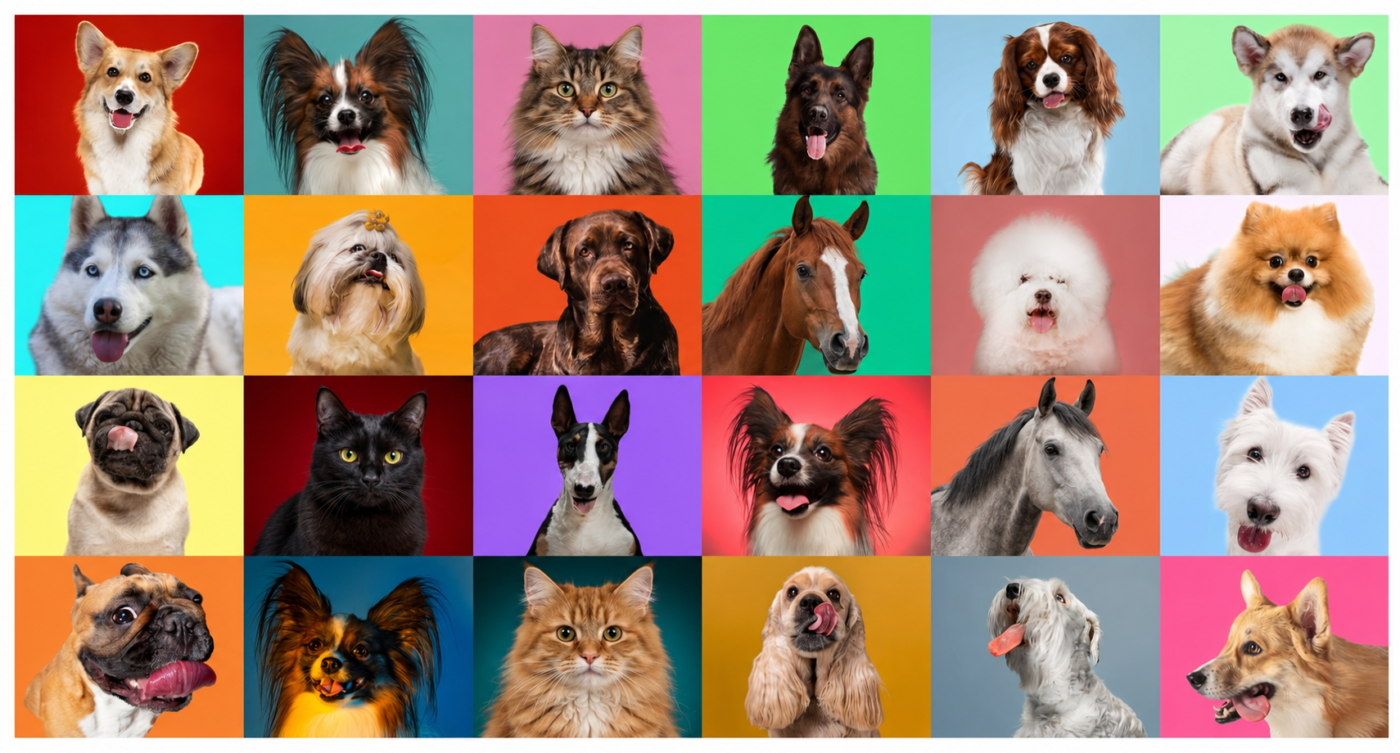 Colorful grid of dogs, cats, and horses for Source CBD’s pet blog