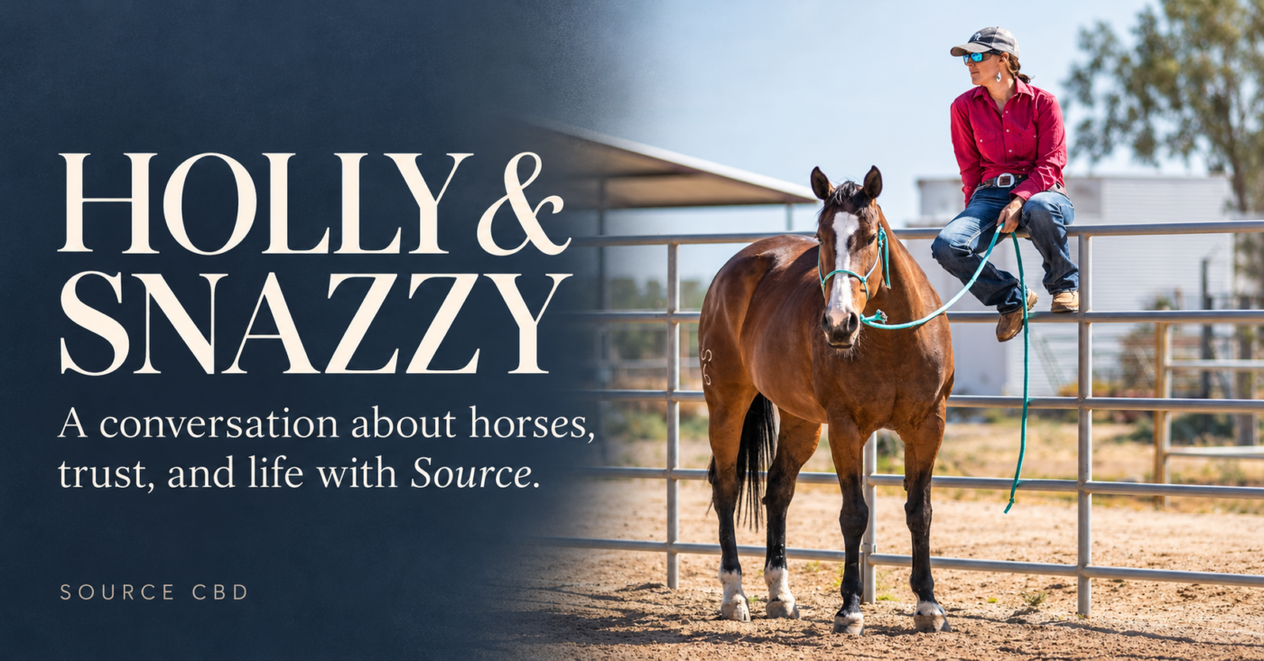 Holly sitting on a corral fence beside her horse Snazzy, with text introducing their Source CBD interview.