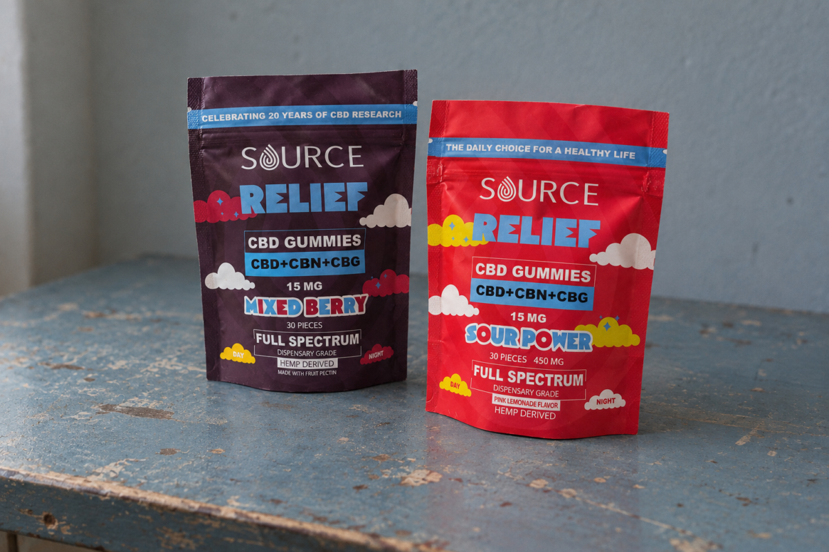 Source CBD Mixed Berry and Sour Power Pink Lemonade gummy bags on a weathered blue table.