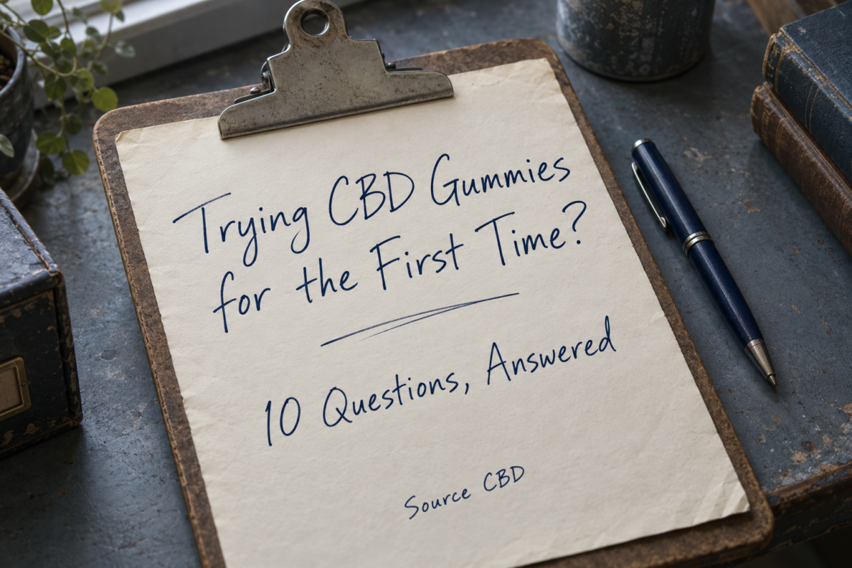 Clipboard on a blue-gray desk with a handwritten note reading “Trying CBD Gummies for the First Time? 10 Questions, Answered” from Source CBD.